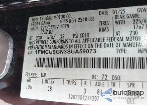 2025 Ford Escape Active from USA, damaged, VIN 1FMCU9GN3SUA59073